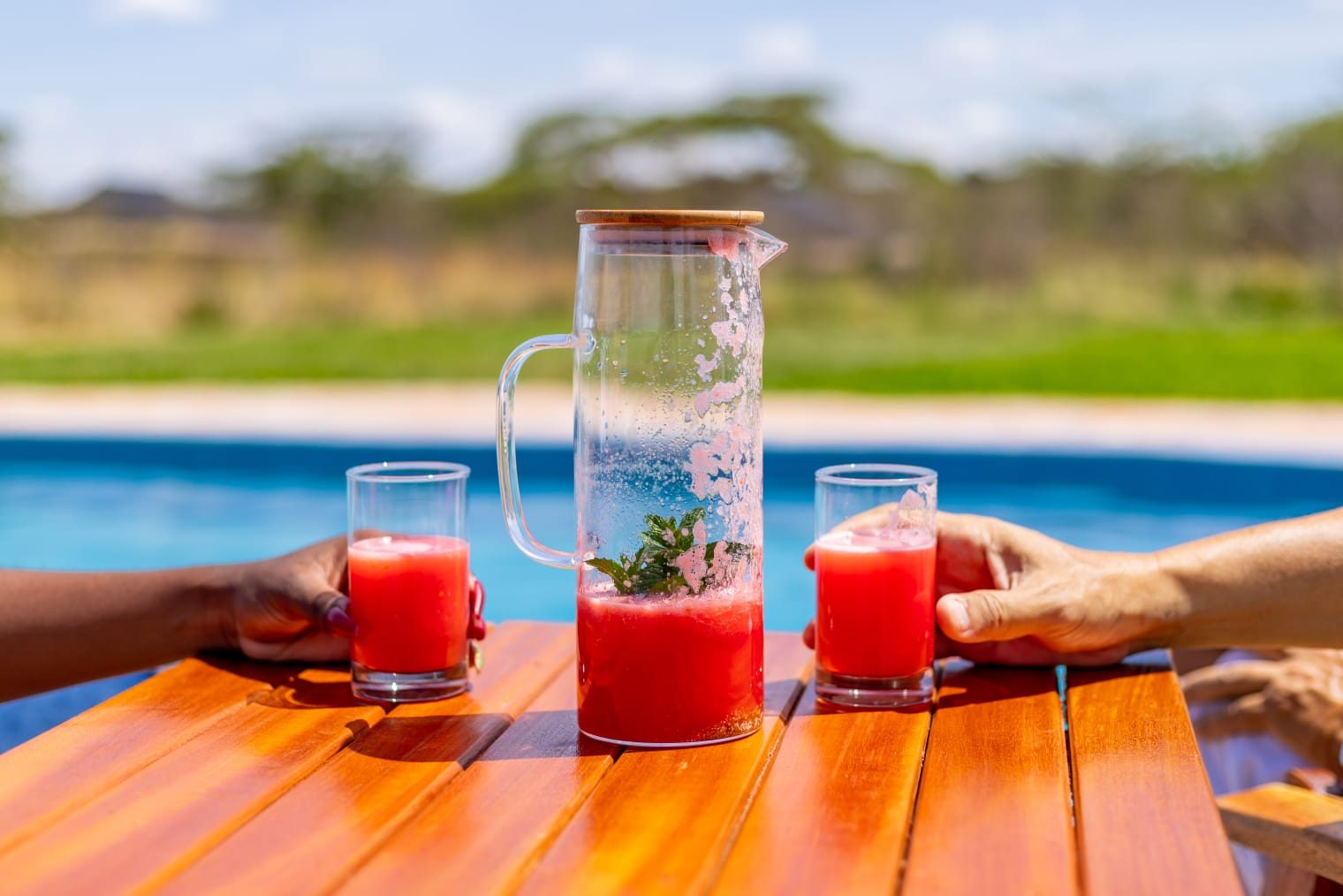 Fresh watermelon juice by the pool, the savannah stretching beyond